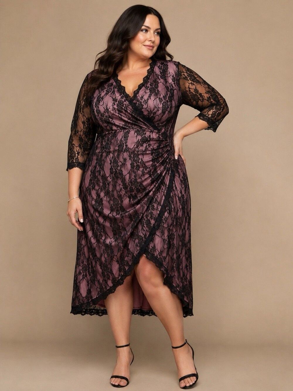 Kiyonna 3X Mauve Black Lace Faux Wrap Dress Ruched Midi Cocktail Plus Size